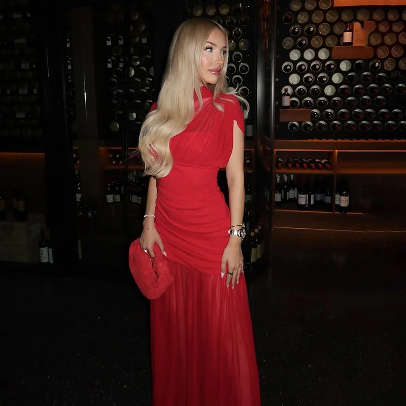 Blifanbo Mesh Short Sleeve Sexy Maxi Dress For Women Elegant High Waist Fashion Patchwork Summer Sexy Slim Club Party Long Dress picture