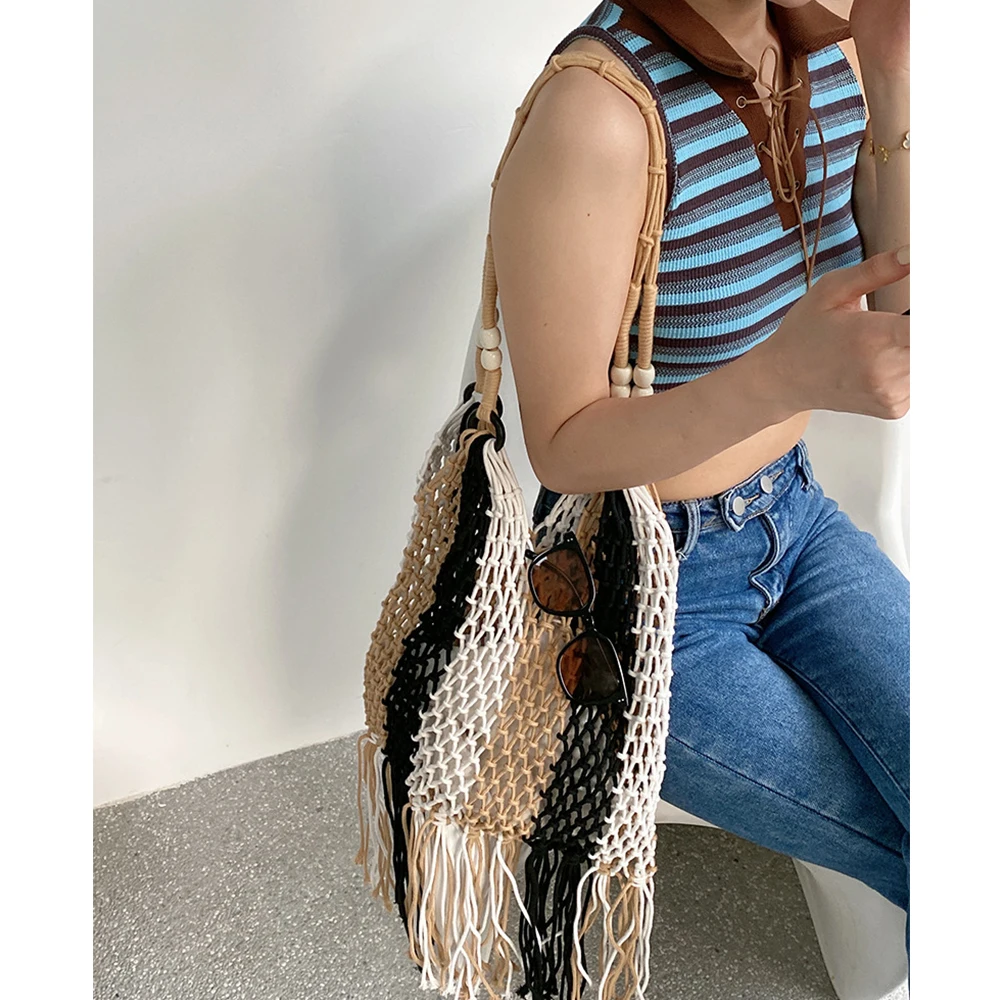 Long Tassel Tote Bags for Women Fishing Net Shoulder Bag Rope Crochet Woven Handbags Bohemian Hollow Striped Travel Beach Bag