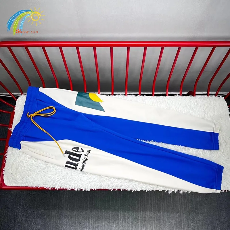 

2023 New Blue Splicing Patchwork Rhude Pants Men Women Jogger Cotton Rhude Sweatpants Moonlight Sunset Hip Hop Trousers