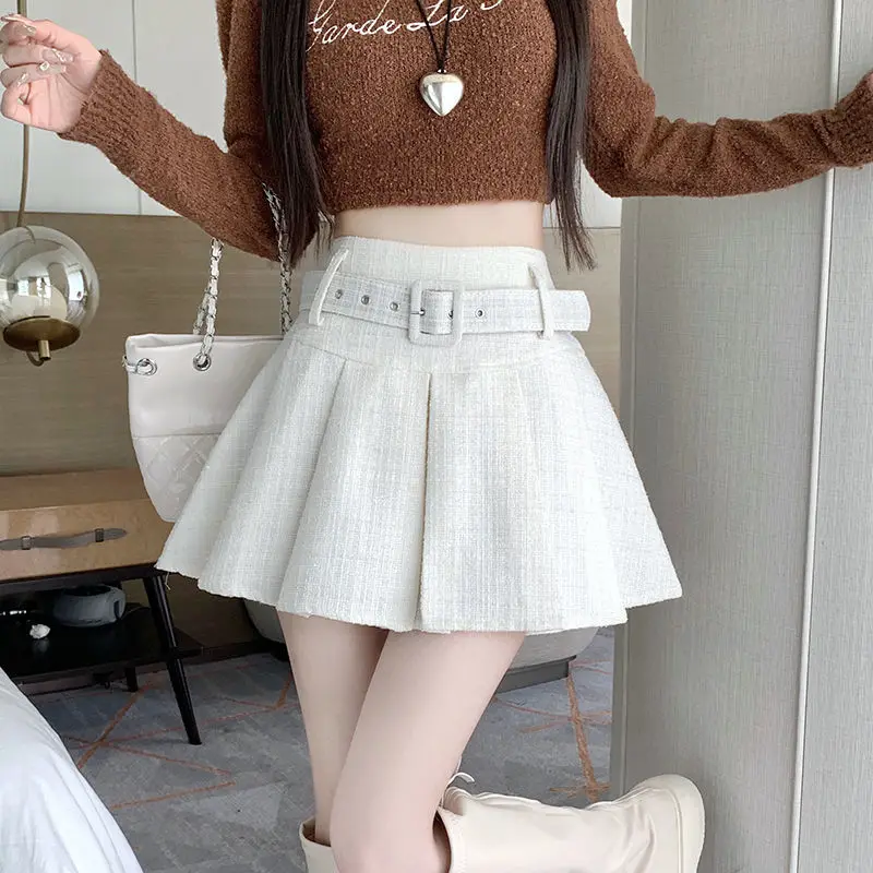 

[Free Belt] Harajuku Fashion High-Waisted Women Pleated Skirt Chic Sashes Causal Retro Anti-glare Lining A-line mini Short Skirt