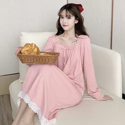 Solid Color Lace Cute Bow Kawaii Nightdress Female Autumn Large Long Sleeve Cotton Pajamas Princess Style Spring Home Clothes