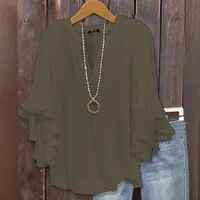 Women's Fashion Loose Chiffon Blouse V Neck Lotus Leafthree-quarters Sleeve Shirt Solid Color Business Casual Shirt Elegant Top - Image 4