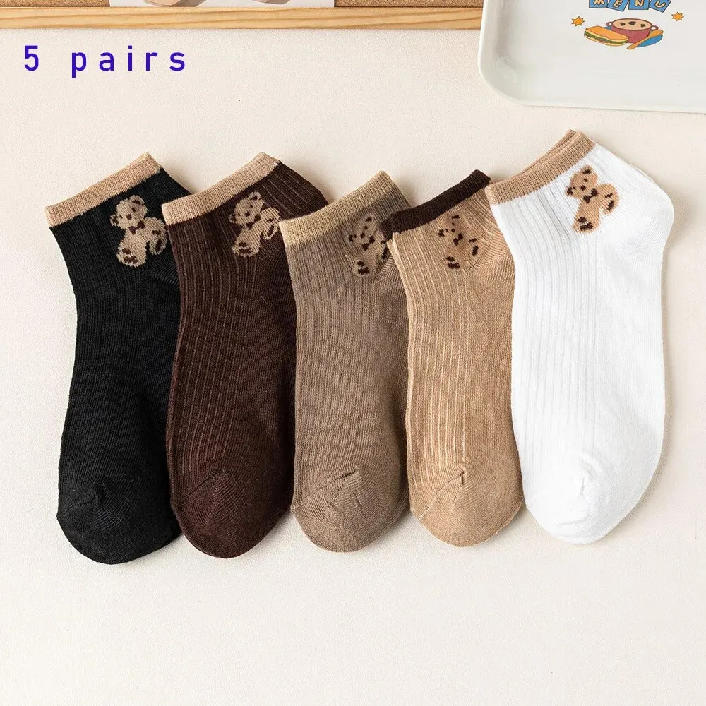 5 paires de chaussettes courtes pour femmes, ours en peluche mignon, à bouche peu profonde, décontractées, assorties, Tube court, bateau, printemps et été