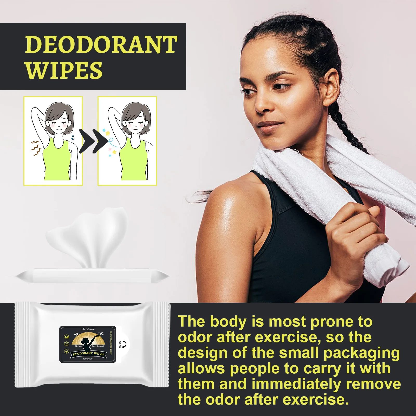 OceAura Odor-Eliminating Wet Wipes - Gentle Cleansing Wipes for Post-Exercise Sweating, Body Wiping, Odor Removal & Fresh Scent