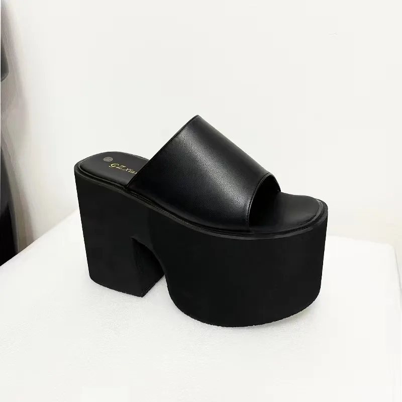 13cm Chunky Heeled Slippers Black Platform Sandals Women High Heels Summer Patent Leather Ladies Shoes Vrouw Slippers Zapato