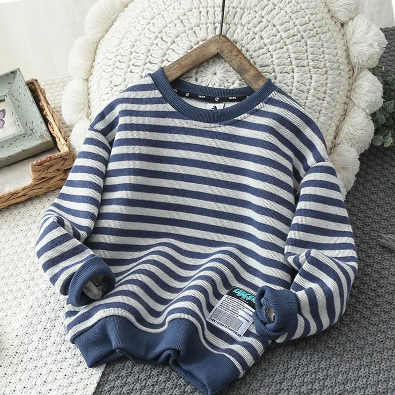 Kids Sweater Boys Fleece-lined sweater Stripe Thickening warm Bottoming shirt Long-sleeved top