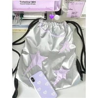 Women Y2K Drawstring Backpacks Korean Fashion Girls Silver Star Backpack Casual Book Bag Student Bags Kids Schoolbag Travel Bag 1