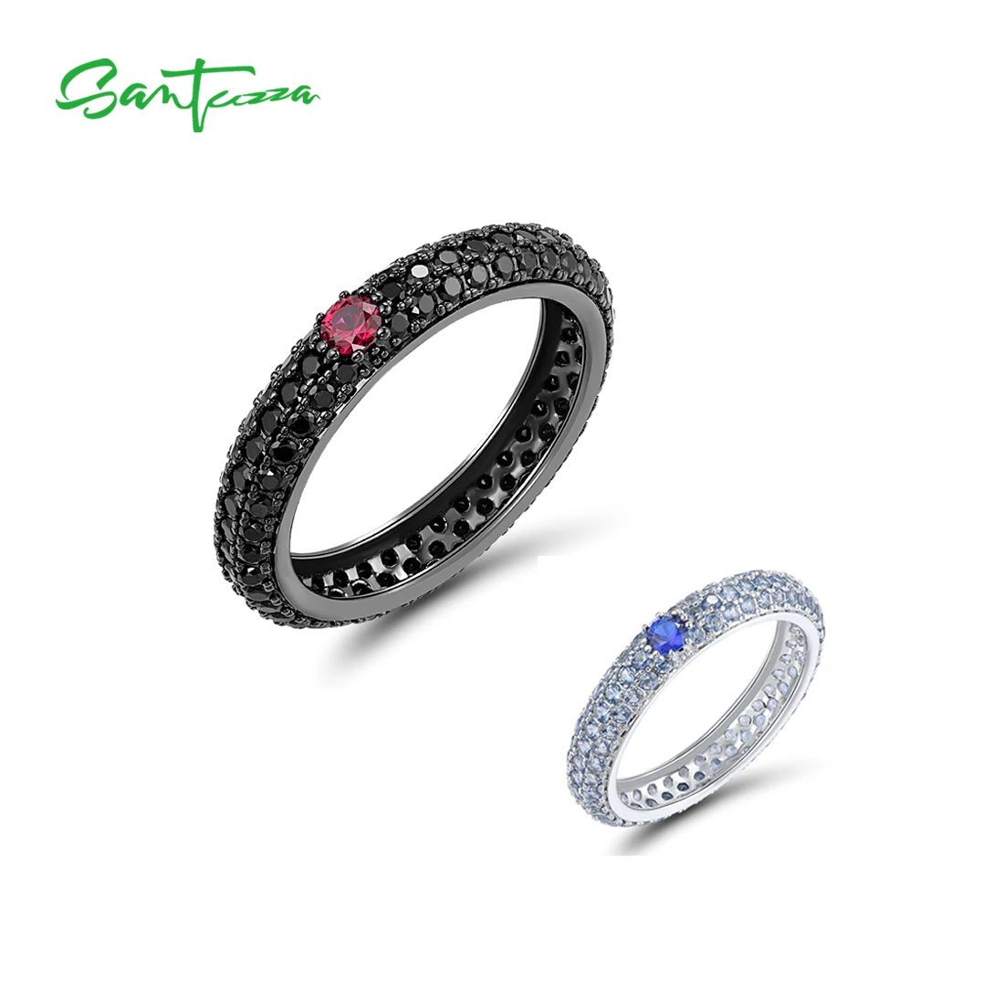 SANTUZZA Pure 925 Sterling Silver Rings For Women Multi-color Gems Stackable Colorful Shiny Wedding Party Gift Fine  Jewelry