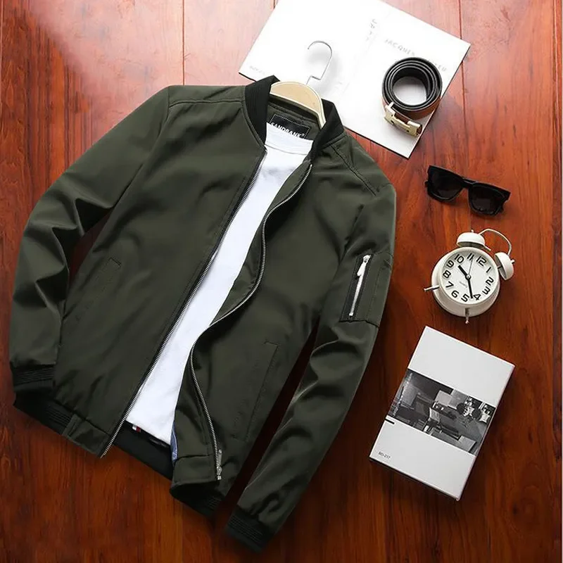 

Мужская приталенная куртка-бомбер, повседневная однотонная куртка, модная бейсбольная куртка, Мужская ветровка на молнии, военная куртка, уличная одежда для мужчин