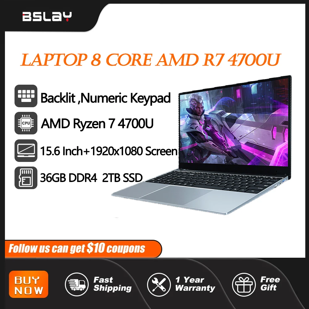 BSLAY 2024 R7 4700U Max Ram Gaming Laptop 36GB Rom 2TB SSD Metal Computer 5G Wifi Bluetooth AMD Ryzen 7 4800U Windows 10 11 Pro