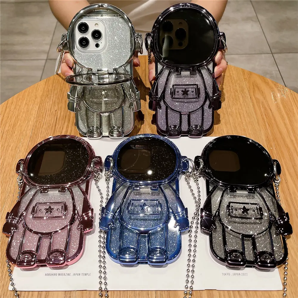 Astronaut Mirror Makeup Clear Crossbody Phone Case with Glitter Shockproof Cover