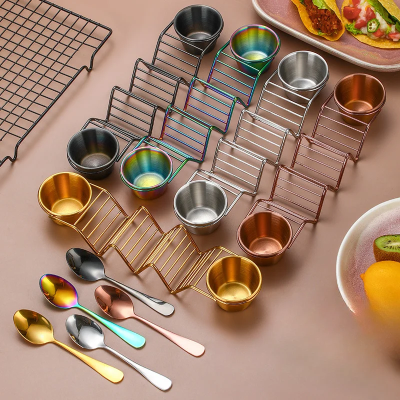 Stainless Steel Taco Holder Set Taco Shell Holder Stand with 2 Sauce Cups Stand Hold 3 Tortillas Kitchen Gadget