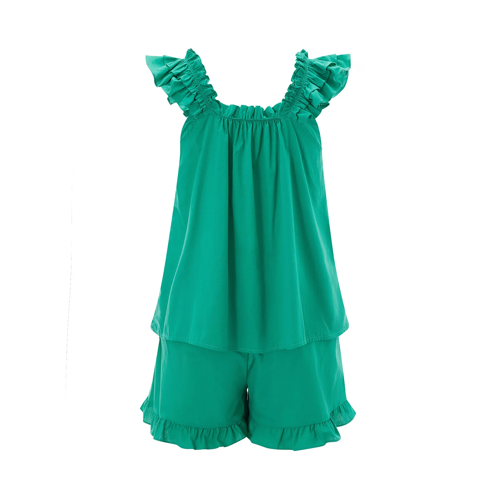 Damen Pyjama Sets Damen Sommer 2 Stück Pyjama Sets ärmellose rücken freie Sling Weste einfarbige Rüschen Shorts – Detail 13