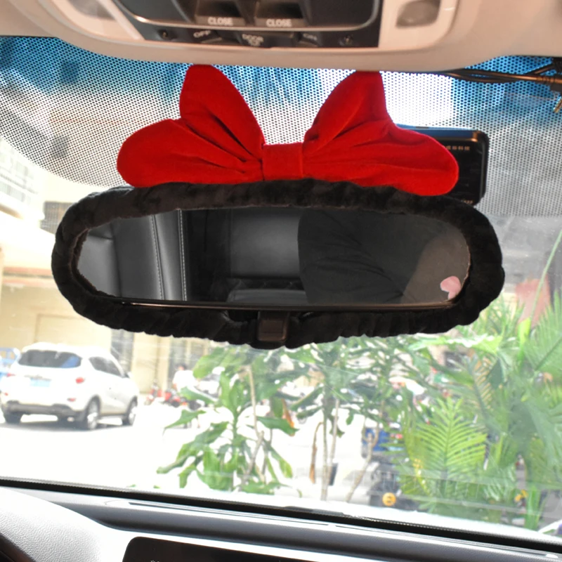 Velvet Retro Red Bow Car Mirror Cover Universal Stretch Soft Plush Auto