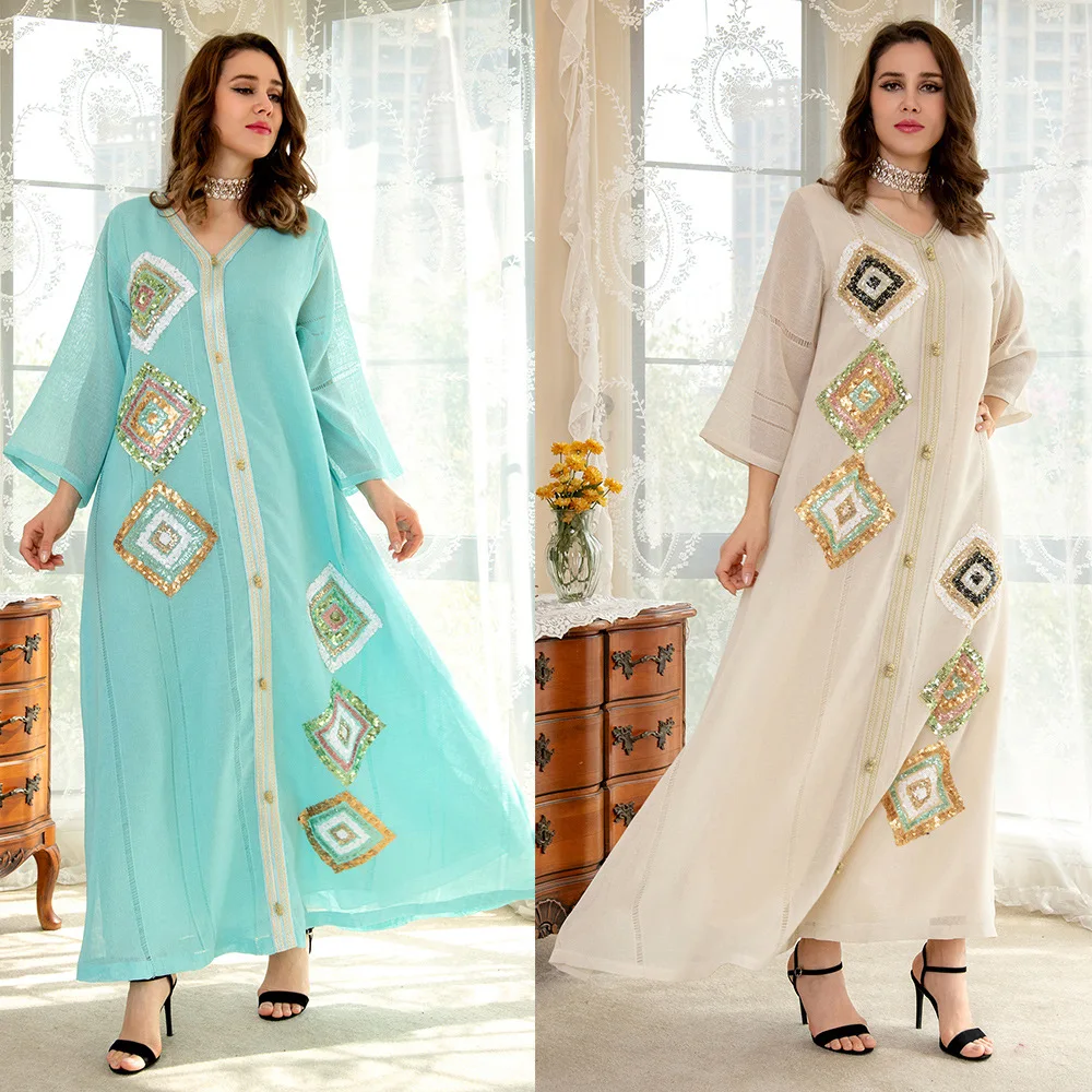 

Eid Muslim Sequin Evening Dress Screen Embroidered Branch Gown Arabic 2023 New Women Party Ramadan Abayas Caftan Kaftan