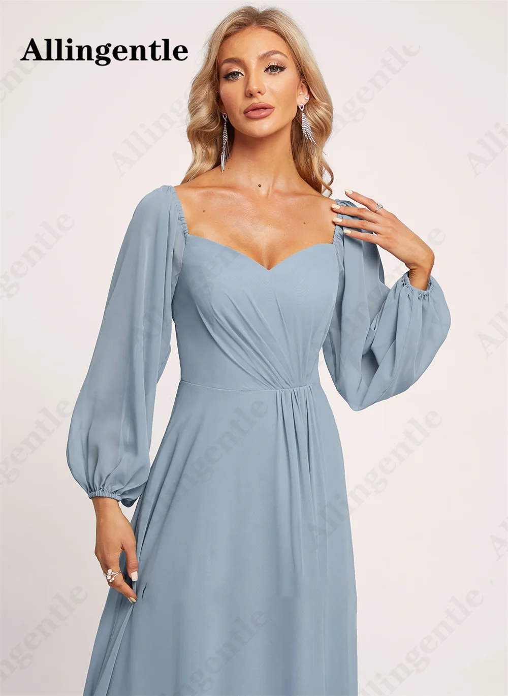Allingentle Dusty Blue Chiffon Bridesmaid Dresses for Wedding Full Sleeves A-Line Sweetheart Evening Gown with Slit Floor Length