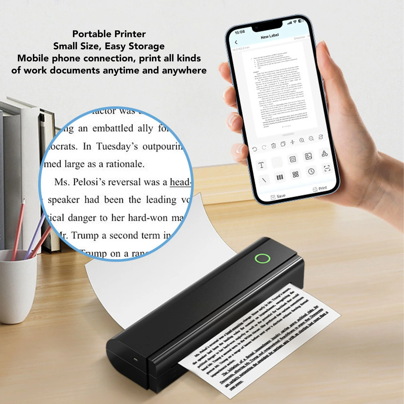 【New】Portable Inkless Printer 15mm/s Print Speed for Home Use for 210/216mm Paper Compact Printer 203DPI Accuracy BT USB