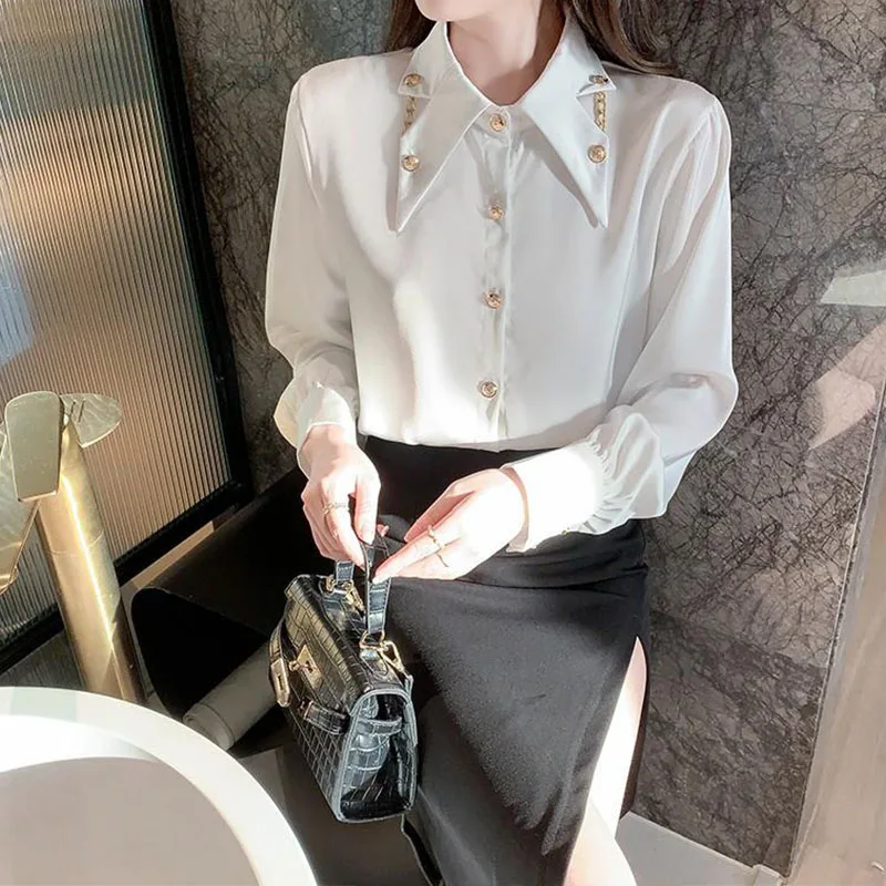 2022 Spring Autumn New Pattern Button Stand Collar Design Long Sleeve Shirt Women Temperament Korean Chiffon Upper Outer Garment within the new 2022 female net yarn splicing render unlined upper garment design feeling little daughters long sleeved shirt