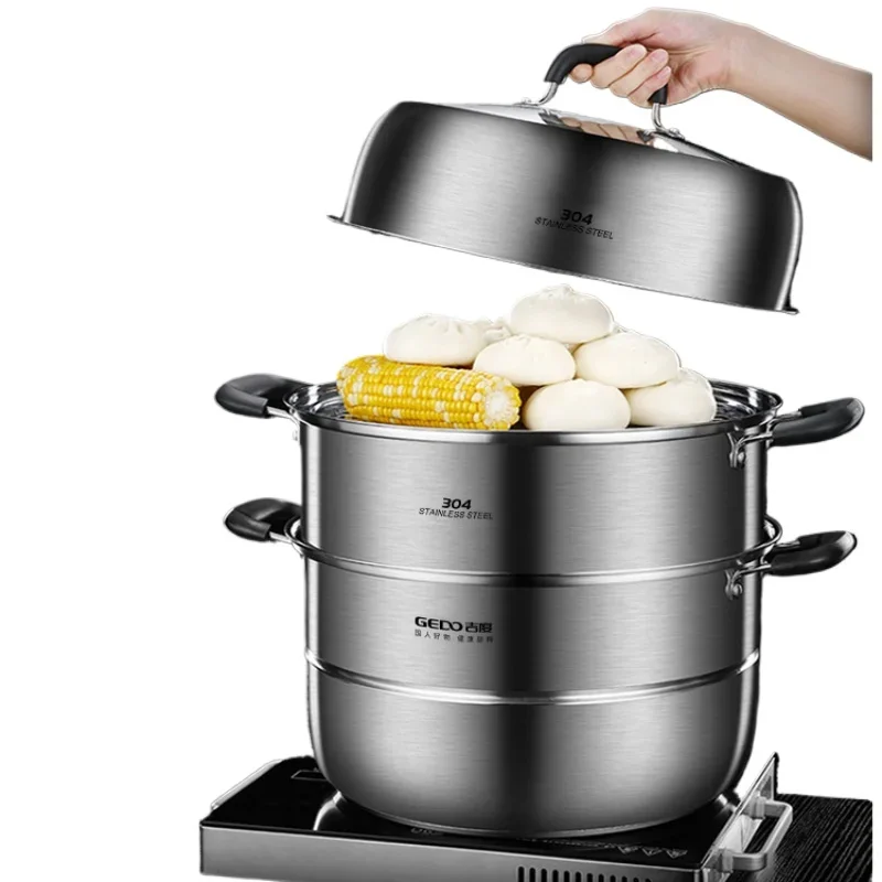 *Steamer Large 304 Stainless Steel Household Thickened Three-layer Double-layer Commercial Steamer Induction Cooker For Gas Stov