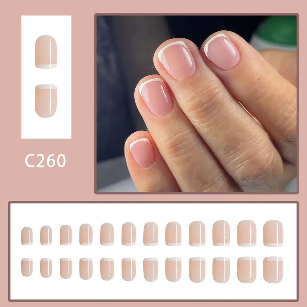 Fashion Short Round False Nails French White Edge Fake Nails Detachable Full Cover Nail Tips for DIY