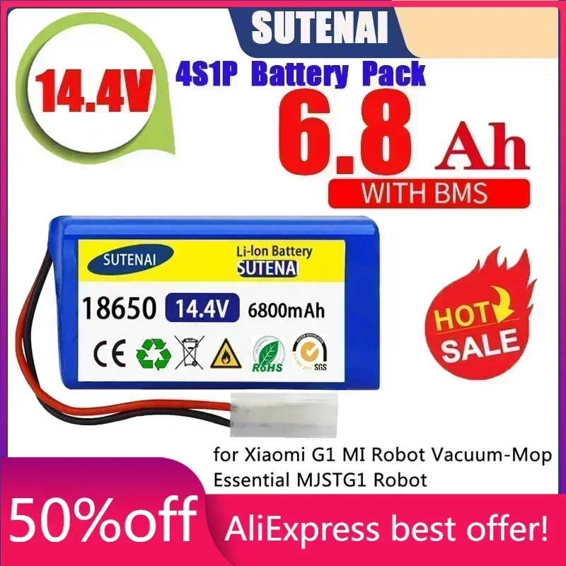 

18650 battery pack 14.4V 6800mAh lithium ion battery, suitable for Xiaomi G1 Mi Essential MJSTG1 robot vacuum cleaner,