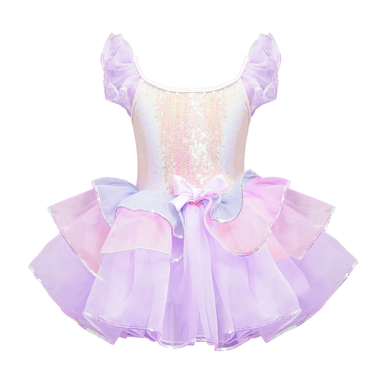 

Kids Girls Sparkly Sequins Tiered Dresses Ruffled Sleeve Bowknot Tutu Dress Birthday Wedding Party Dance Performance Costume
