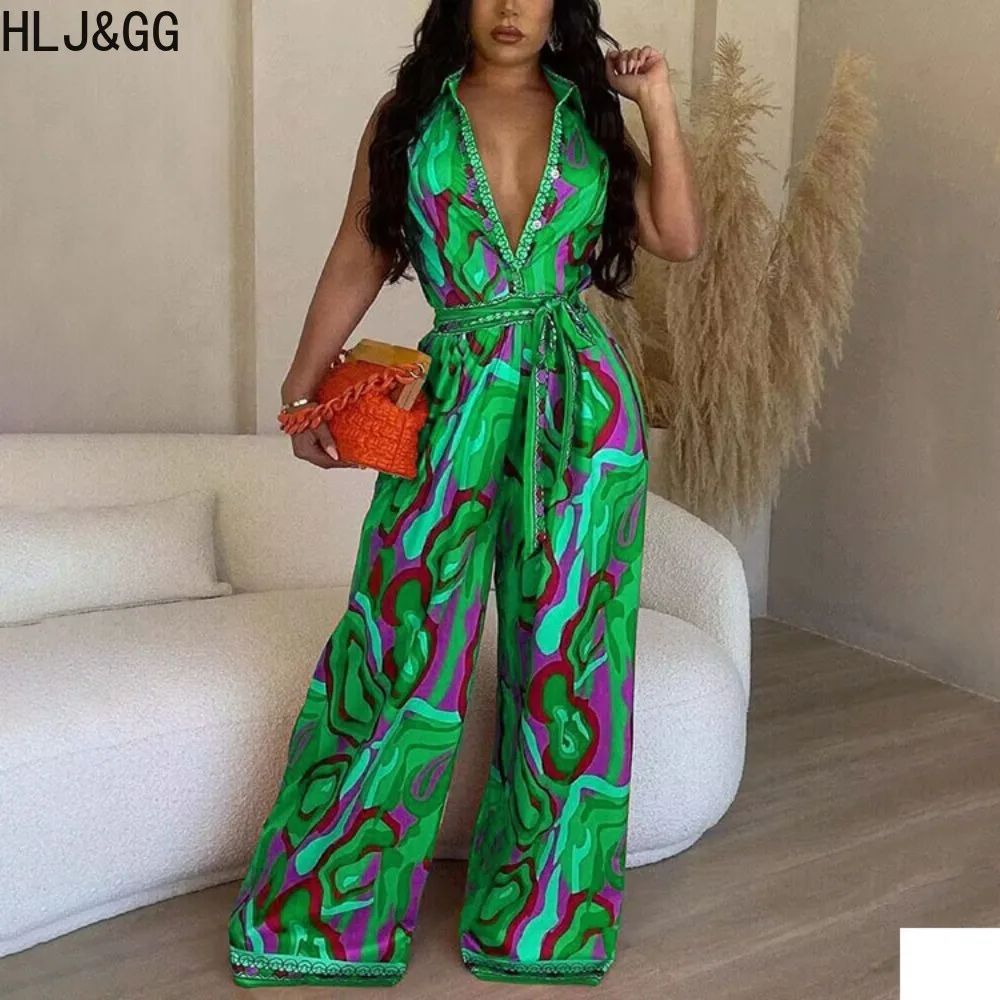 HLJ&GG Casual Retro Printing Lace Up Jumpsuits Women V Neck Short Sleeve Wide Leg Pants Playsuits Female Bandage Overalls 2023