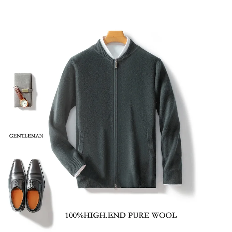 Men's 100% Merino Wool Sweater Knitted Zippered Cardigan Cashmere Thickened Jacket Long Sleeve Stand Collar Tops, Autumn, Winter 3