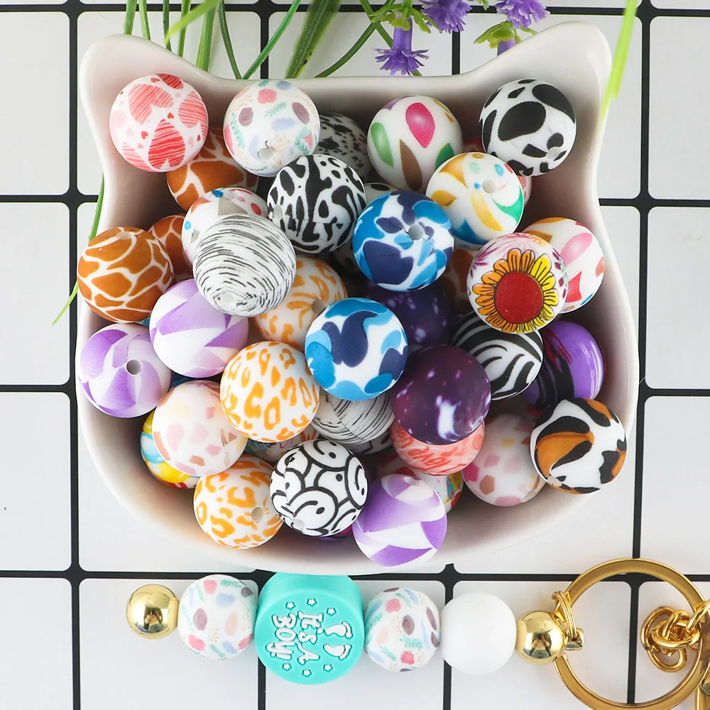 50-1000Pcs 15mm Leopard Silicone Beads Round Printed Beads For Jewelry Making DIY Necklace Jewelry Accessories