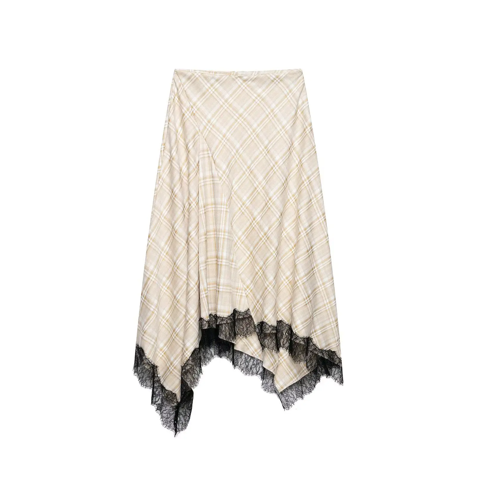 Spring New Check Lace Hem Asymmetric Skirt Women Eelgant A-line Zip-up Midi Skirts Female Vintage Party Skirts 2026 New