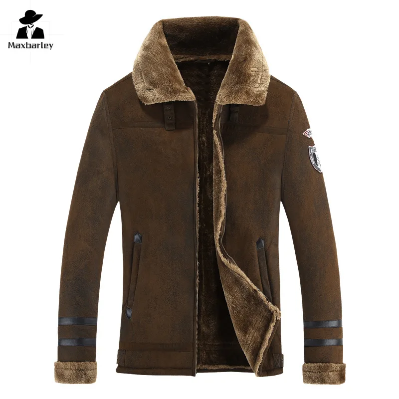 

Winter Motorcycle Leather Jacket Men's Retro Brown Fur One-piece Soft Warm Deerskin Fleece Coat Men's B3 MA-1 Flying Jacket