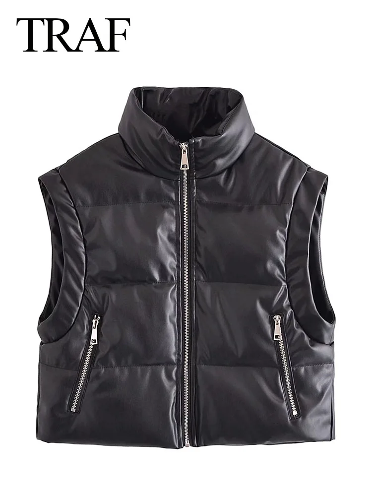 

TRAF 2023 Female Fashion Winter Jacket Elegant Solid Faux Sleeveless Coat Padded Vest Zipper Quilted Woman Chic Waistcoat Tops