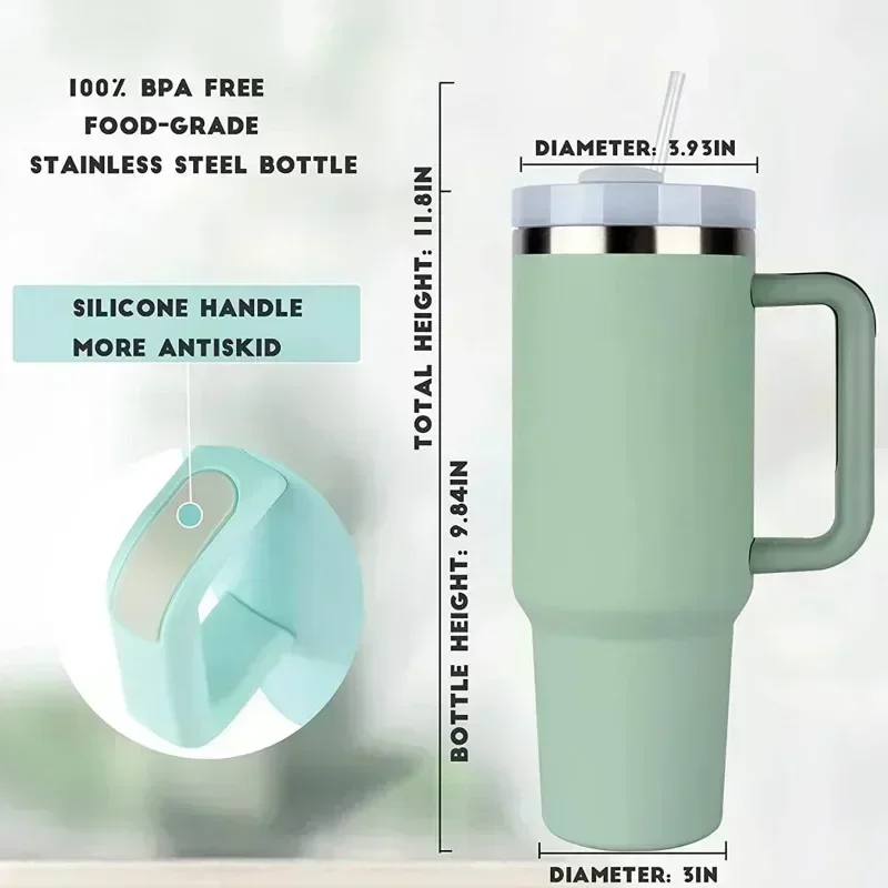 Stainless Steel Mug 304 40oz Insulated Car Cup with Handle Portable Ice Master Straw Cup Leak-Proof Food-Grade