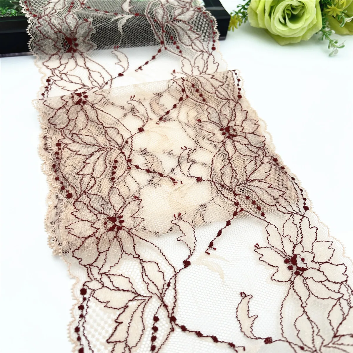 3y/lot Width 17cm 2-Tone Shiny Apricot Dark Red Elastic Stretch Lace Trim 1