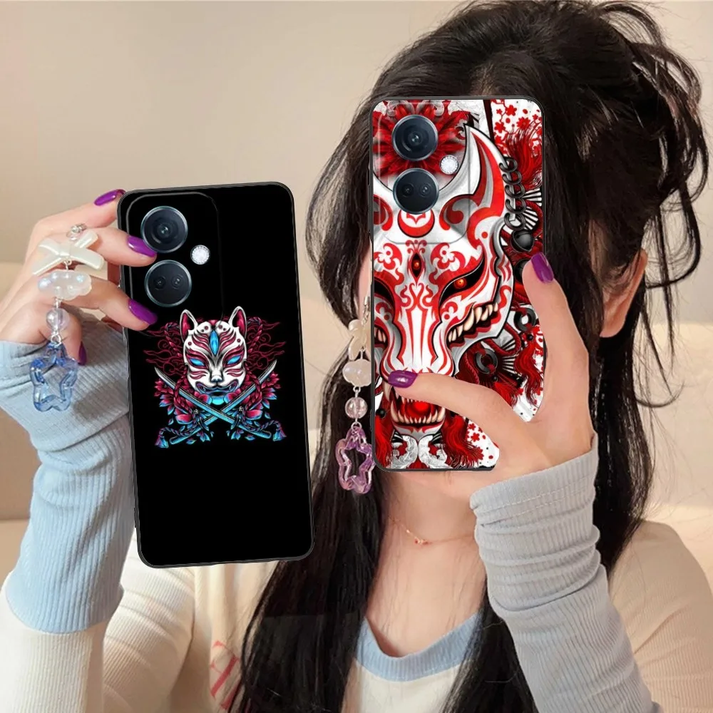 Kitsune Mask Mobile Cell Phone Case For Oppo Find X5 X3 X2 A93 Reno 8 7 Pro A74 A72 A53 Black Soft Phone Cover Funda