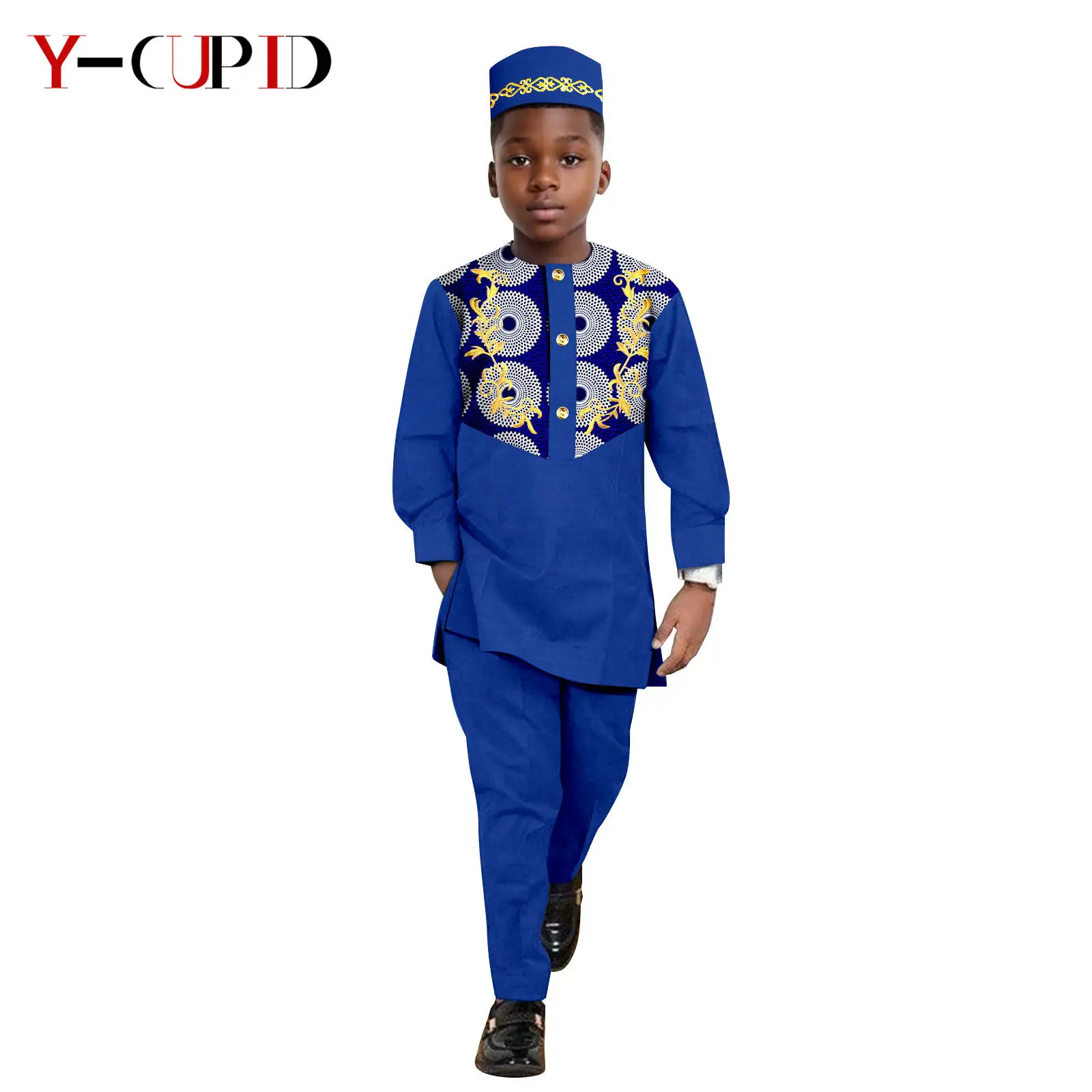 African Clothes for Kids Dashiki Boys Outfits Print Appliques Shirt and Pant Sets with Hat Bazin Riche Children Outwear 2446042