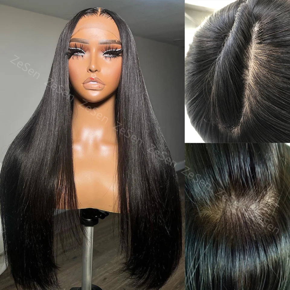 Transparent Synthetic 4x4 Scalp Top Wigs Soft Straight Heat Resistant Fiber Hai Silk Base Lace Frontal  Wig Cosplay Daily Wear