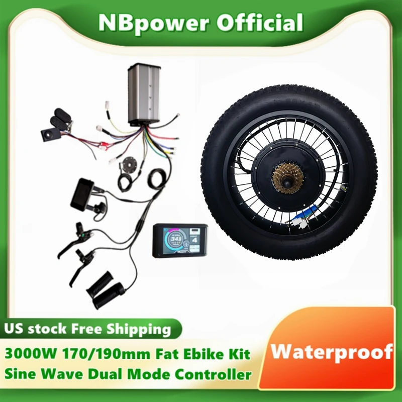 NBpower 72V 3000W 170mm/190mm Fat EBike BLDC Hub Motor Conversion Kit Sine Wave Waterproof Dual Mode Controller UKC1 display