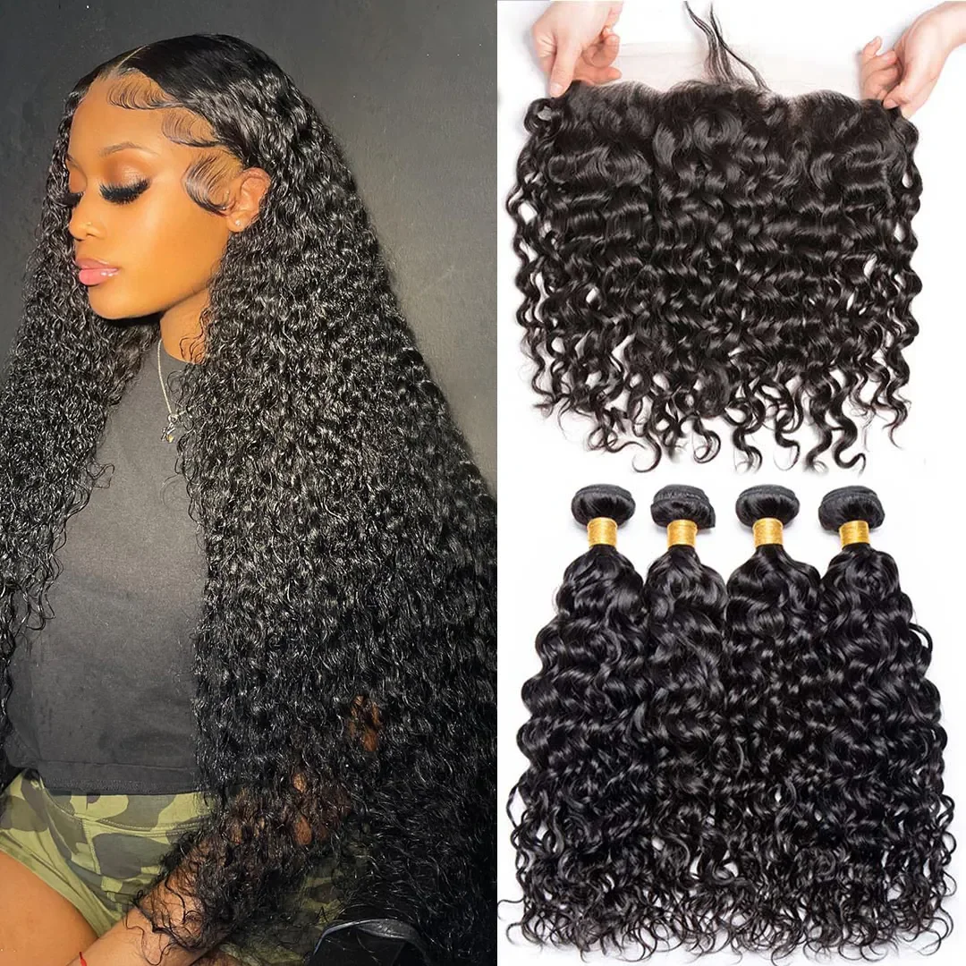

12A Water Wave Bundles With Frontal Wet and Wavy Virgin Hair Curly Loose Deep 100% Human Hair Bundles With 4X4 Lace Closure