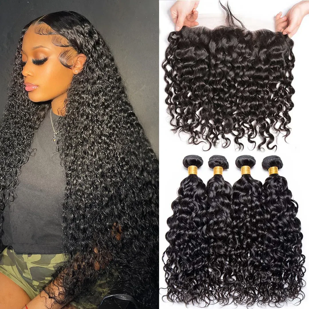 12A Water Wave Bundles With Frontal Wet and Wavy Virgin Hair Curly Loose Deep 100% Human Hair Bundles With 4X4 Lace Closure