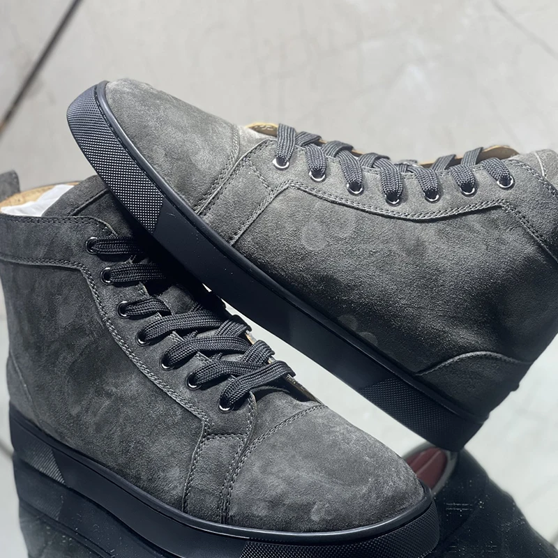 

Designer Luxury Brand Men's Shoes Deerskin High-top Gray Solid Women's Shoes Casual Sneakers Red Sole Outdoor Streetwear Shoes