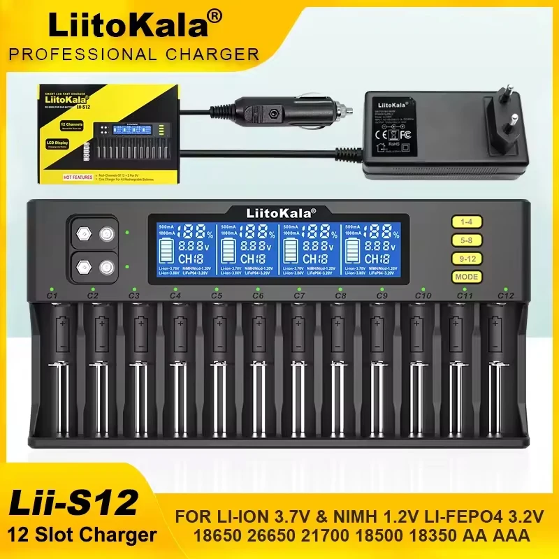 Battery Charger LiitoKala Lii-S8 (8 Slots) & Lii-S12 (12 Slots) Chargers + 2&times;9V Adapters Universal for Li-ion/NiMH/AA/AAA/18650/9V Smart LCD