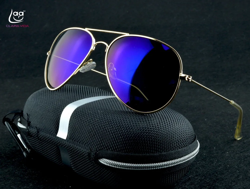 

CLARA VIDA PILOT MIRROR BLUE REFLECTION GOLD FRAME 100% POLARIZED WITH TEST CARD DRIVER POLAROID SUNGLASSES