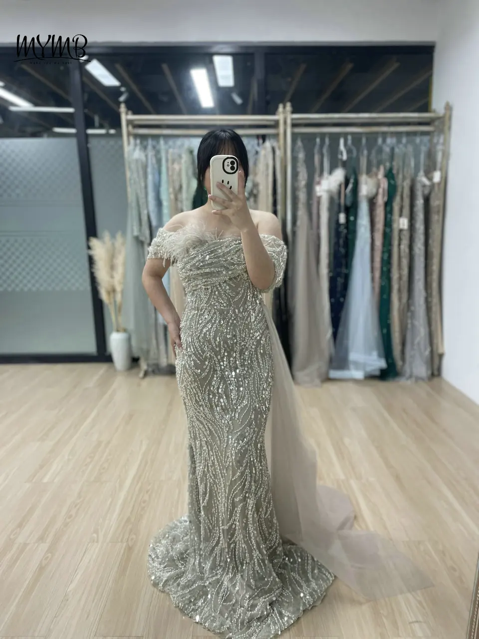 MYMB Elfenbein Atemberaubendes schulterfreies Meerjungfrau-Brautkleid mit Perlen und Federn De Novia Arabisch Exklusive Abendkleider für Frauenparty – Detail 7