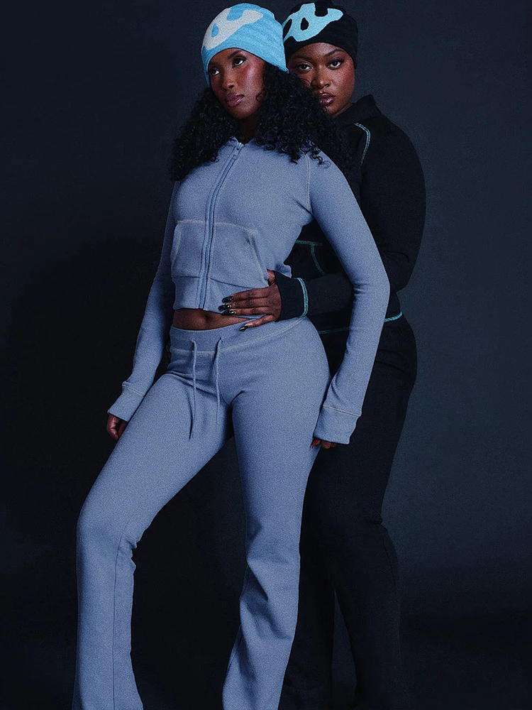 Nibber Sporty Casual Tracksuit 2 Piece Set Woman Zip Cardigan Full Sleeve Hooded Jacket+Drawstring Pants Daily Style Outfits