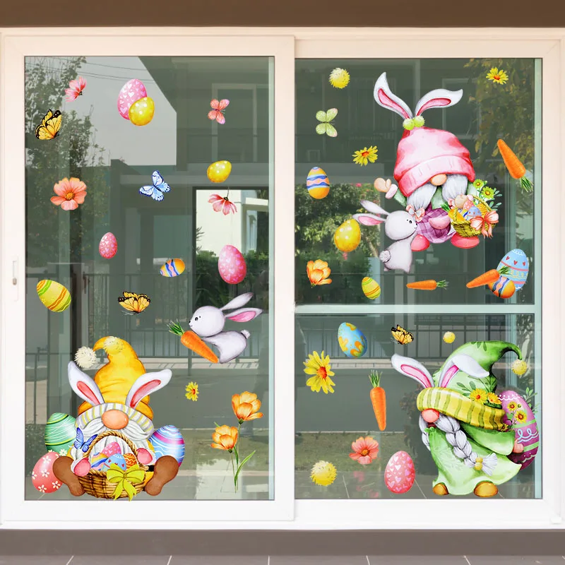 Easter Window Stickers Cute Gnome Rabbit Egg Wall Glass Stickers Happy Easter Party Decoration for Home Kids Room Bedroom Decals