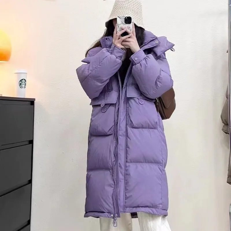 2023 New Women Down Jacket Winter Coat Female Long Knee Length Parkas Loose Hood Outwear Thicken Academic Style Waisted Overcoat