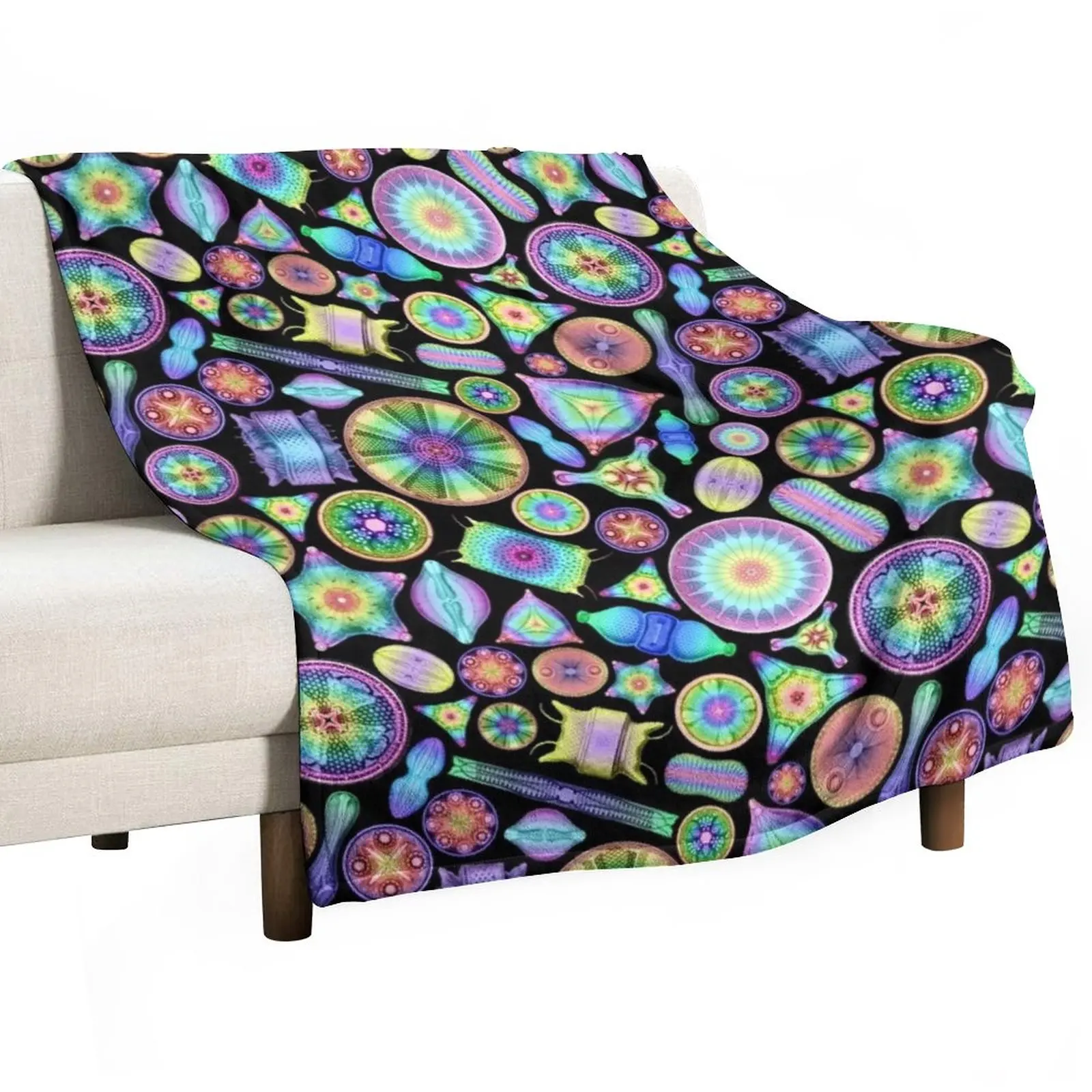 

Ernst Haeckel Rainbow Diatoms on Black Throw Blanket Decorative Sofa Blanket Warm Blanket Multi-Purpose