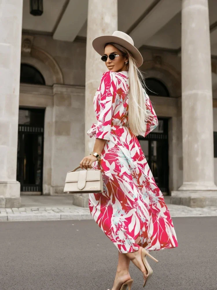 Autumn New Women's Printed Women's V-neck Lace-up Dress Elegant Cardigan Long-sleeved Medium and Long Strap-on Skirt