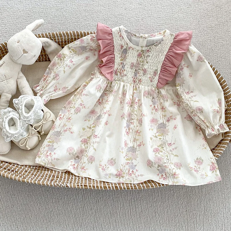 New Autumn Baby Sister Dress Cotton Floral Print Rompers Pink Ruffled Clothes Casual Dress Sister Matching Kids Clothing Outfit 3